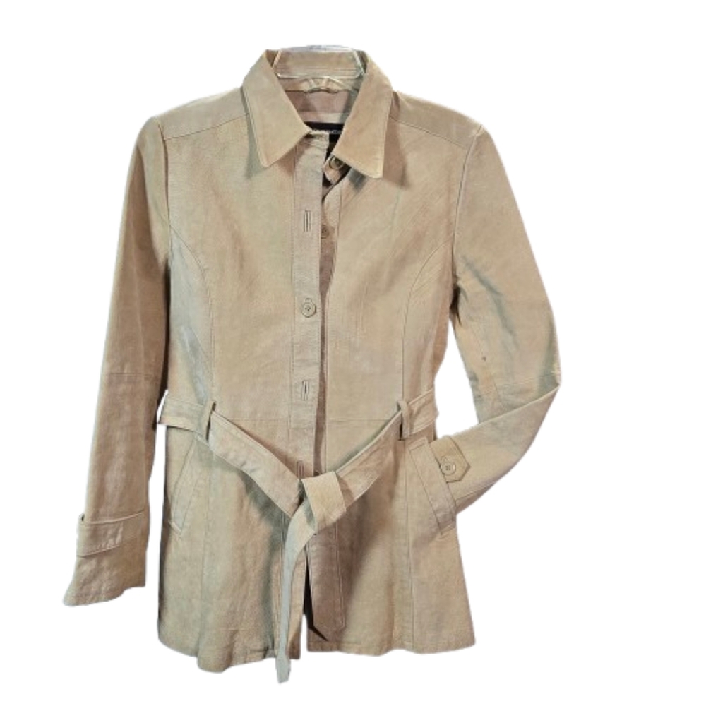 Outer Edge Beige Leather Trench Coat, Button Down or Tie, Size Large